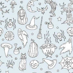 Halloween Seamless Pattern on pastel blue background. Hand drawn Line art Halloween texture.