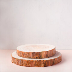 Wooden eco rustic pine tree wood circle disc platform podium on beige background. Minimal empty display product presentation scene. Two rings, two tiers of podiums.