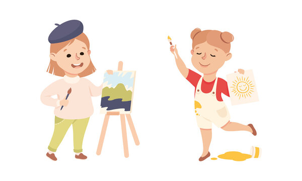 Cute girls artists painting on canvas and easel. Creative kids practicing their skills cartoon vector illustration