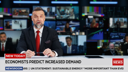 Daily News TV Program: Anchor Presenter Reporting About Business, Economy and Politics. Television...