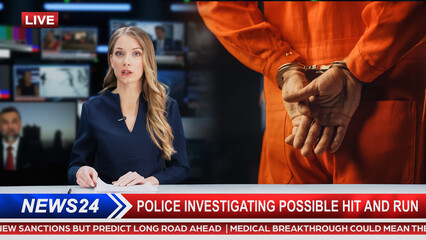 Split Screen TV News Live Report: Anchorwoman Talks. Reportage Edit with Photo of Handcuffed Criminal Convict at a Law and Justice Court Trial. Prison Sentence to Serve Jail Time. Cable Channel.