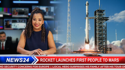 Split Screen TV News Live Report: Anchor Talks. Reportage Edit: Space Travel, Successful Rocket...