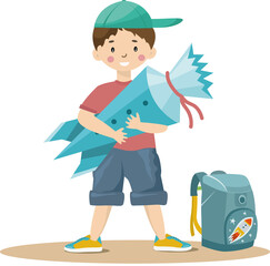 Little cute boy with school bag and school cone going to study.