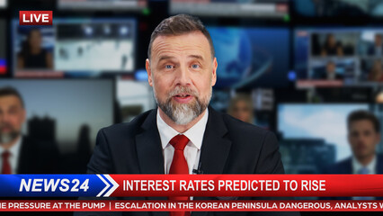 Daily News TV Program: Anchor Presenter Reporting About Politics, Economy, Daily Events and...