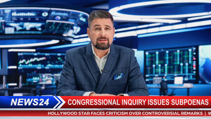 Daily News TV Program: Anchor Presenter Reporting About Politics, Economy, Important Events....