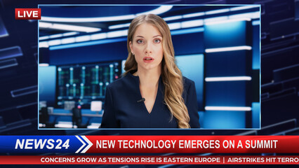 TV Live News Program with Female Presenter Reporting. Television Cable Channel Evening Show about...