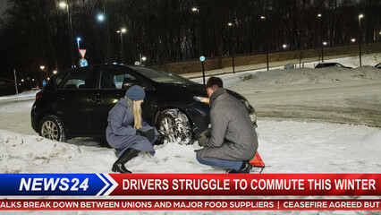 TV News Live Report Edit: Presenter Does Interview with Traffic Accident Car Crash Victim. Car Road Crash Stormy Winter Weather Condition. Television Program on Cable Channel Concept.