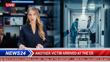 TV News Playback Edit: Anchorwoman Talks about Segment with Photo of Emergency Department: Doctors,...
