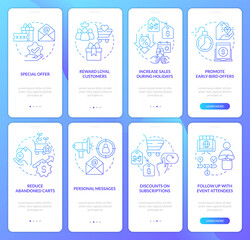 Discount strategy blue gradient onboarding mobile app screen set. Sales walkthrough 4 steps graphic instructions with linear concepts. UI, UX, GUI template. Myriad Pro-Bold, Regular fonts used