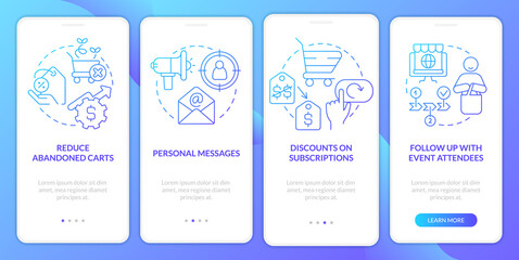 Strategy of discount blue gradient onboarding mobile app screen. Business walkthrough 4 steps graphic instructions with linear concepts. UI, UX, GUI template. Myriad Pro-Bold, Regular fonts used
