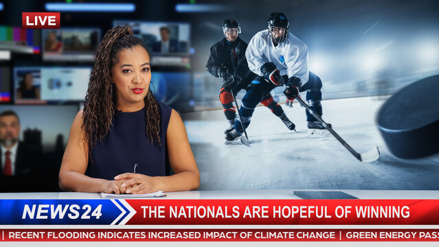 Split Screen TV News Live Report: Anchorwoman Talks. Reportage Edit: Photo of Poster Appearing Ice-Hockey Players on a Championship. Television Programme on Cable Channel Concept.