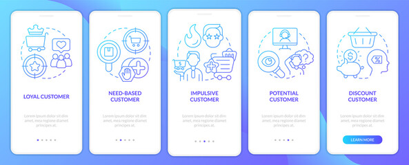 Types of customers blue gradient onboarding mobile app screen. Business clients walkthrough 5 steps graphic instructions with linear concepts. UI, UX, GUI template. Myriad Pro-Bold, Regular fonts used