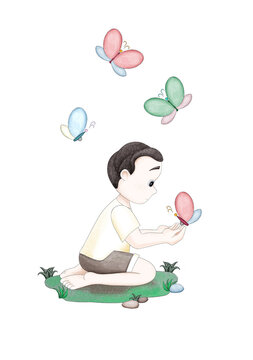 A cute little cartoon boy in a light summer suit sits on the grass in profile. There are large beautiful butterflies around him. Digital illustration in watercolor style