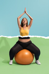 Conceptual collage with young slim girl with plus-size woman's body doing exercises isolated on colored background. Weight loss, fitness, healthy eating, motivation concept.