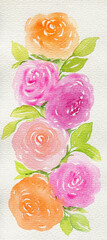 Flowers pink and orange roses pattern on white background, textural watercolor drawing.