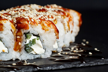 philadelphia with eel, Asian cuisine with rice, nori and eel