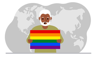 A old man holds an lgbt flag in his hands against the backdrop of a world map.