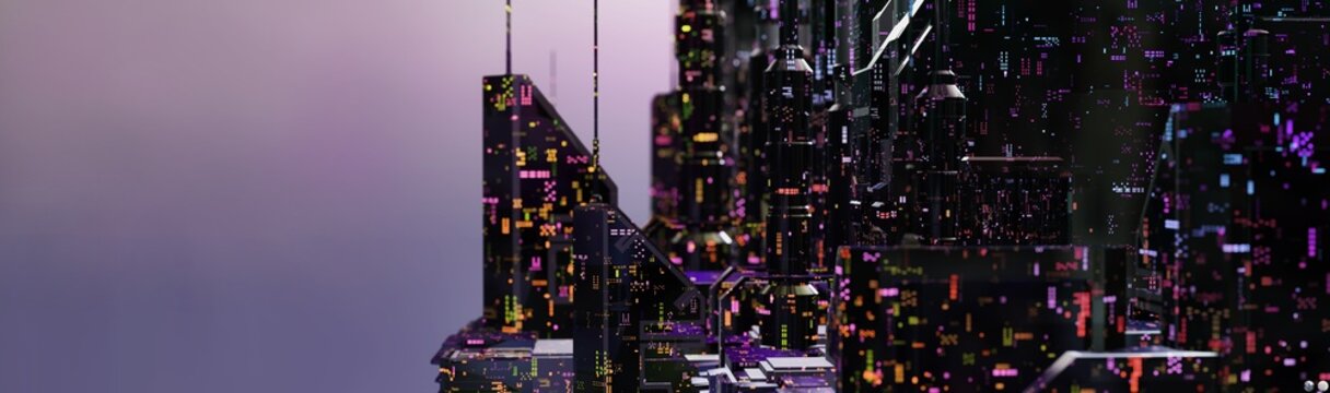 AI city. Future city, smart city or cyber cityscape concept.. Ultra modern or futuristic looking city or metropolis buildings, smooth and illuminated in various colors. 3D rendering. Shallow DOF. 