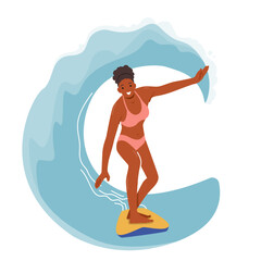 Young Woman Surfer Character in Bikini Stand on Surfboard with Hands Outspread Trying to Catch Balance on Big Sea Wave