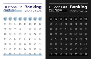 Banking glyph ui icons set for dark, light mode. Money transactions. Silhouette symbols for night, day themes. Solid pictograms. Vector isolated illustrations. Montserrat Bold, Light fonts used