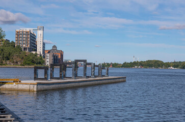 Symbolic rectangles on a pier at the pier Nacka Strand a sunny summer day in Stockholm