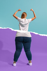 Back view. Collage with beautiful thin girl with body of plus-size woman isolated on colorful...