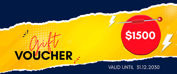1500 Dollar Gift voucher template design with ripped torn paper isolated on yellow background. Discount gift coupons, special offer vouchers, gift certificates, discount coupon, coupon template.