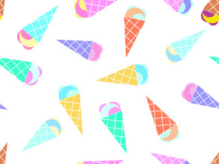 Seamless pattern with ice cream cone on white background. Ice cream in a wafer-style cone. Design for banners, promotional products and wrapping paper. Vector illustration