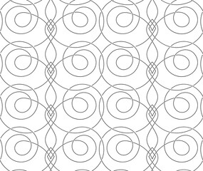 Stock simple vector seamless pattern of thin interlacing black lines isolated on a white background.Linear texture of intersecting spirals and rhombuses.