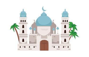 Arabian Mosque building with elegant dome and palm trees, flat vector illustration isolated on white background.