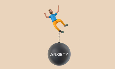 Business character chained to a large falling anxiety ball. 3D Rendering