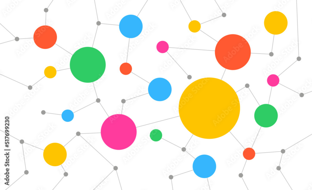Fototapete Colorful network user connected dots and lines fintech background template. Technology blockchain linked global digital database graphic vector.