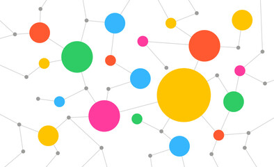 Colorful network user connected dots and lines fintech background template. Technology blockchain linked global digital database graphic vector.