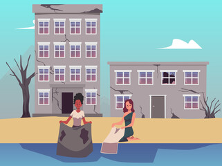 Obraz na płótnie Canvas Sad women washing clothes in pond, destroyed city landscape, flat vector illustration.