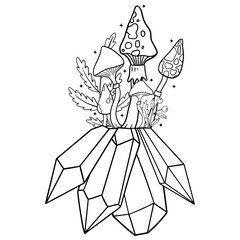 magic crystals. mystical crystals with geometric figures, forest herbs, and mushrooms. Witchcraft items. Mystical nature. Vector illustration on white background.