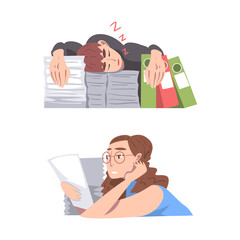 Overloaded male and female office employees sitting at desk with heap of document folders cartoon vector illustration