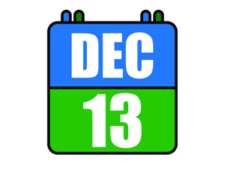 13 December calendar. Blue and green calendar page for December days. Vector isolated on white background.