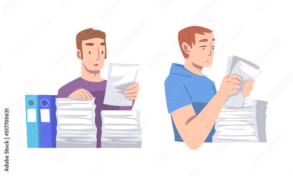 Poster businessman sitting at table with huge piles of paper documents set cartoon vector illustration