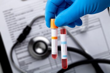 Sample tube for analysis of Tests. Blood tube test with requisition form for Iron status Test