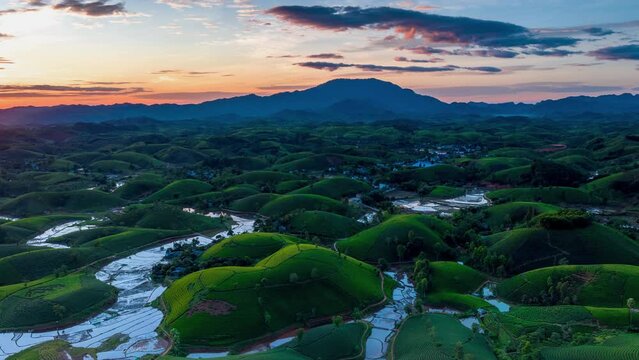 4K Hyperlapse aerial view of drone flying over Long Coc tea hill, Phu Tho province, Vietnam
