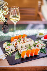 sushi set with white wine