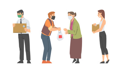 Obraz premium People volunteers with donation boxes set. Help, social care, charity and elderly people support cartoon vector illustration