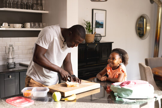 Happy african american father and daughter preparing meal