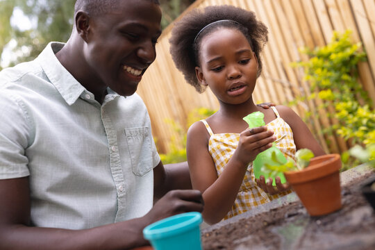 Image of happy african american father and daughter gardening together