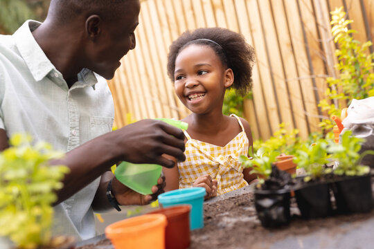 Image of happy african american father and daughter gardening together