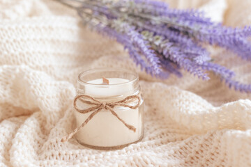 Handmade soy wax candle with lavender flowers