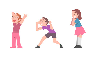 Happy boys and girl celebrating success or achievement set cartoon vector illustration