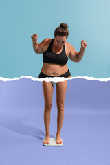 Young plus-size woman with body, legs og slim girl in weight loss process isolated on blue-purple...