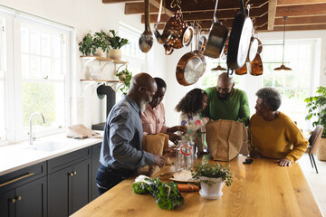Image of happy african american multi generation family unpacking shopping bags