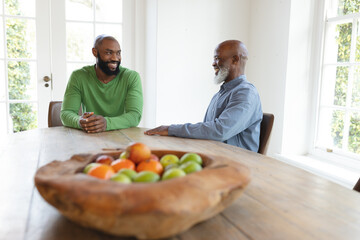 Image of happy african american father and adult son talking at table